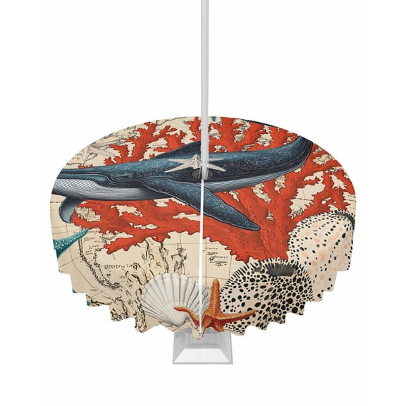 Outdoor Tablecloth with Umbrella Hole for Patio/Picnic/Party/Camping, Retro Whale Waterproof Table Cloth Round Cover Washable, Vintage Coastal Coral Starfish Nautical Dia 54"