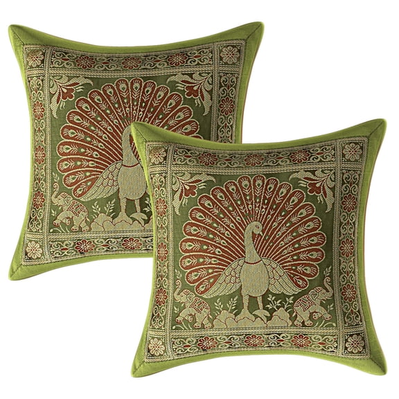 Stylo Culture Indian Settee Sofa Throw Pillow Covers 12x12 Jacquard Olive Green Square 30 x 30 cm Home Decor Brocade Peacock Elephant Zippered Cushion Covers | Set Of 2