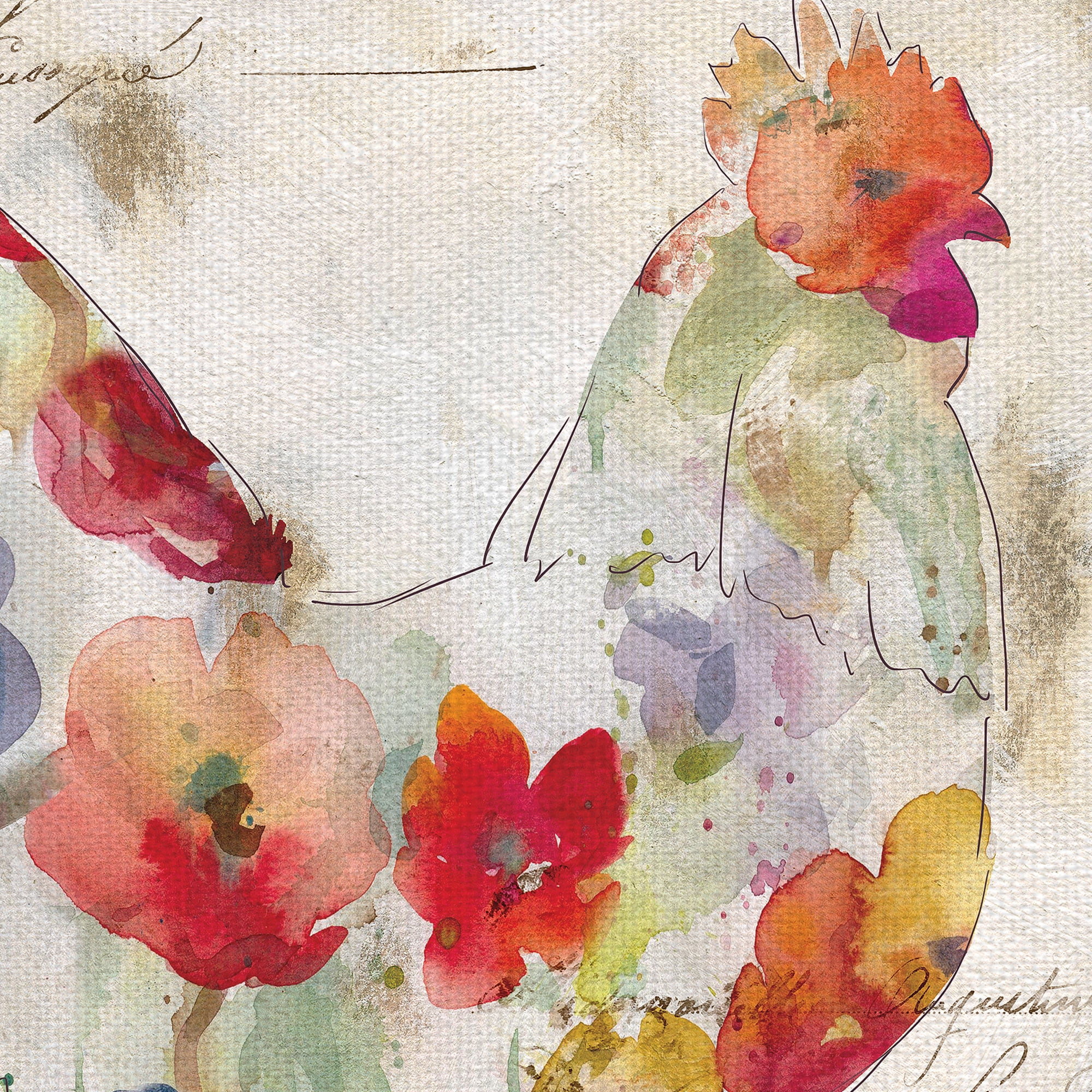 Flowered Hen & Rooster by Carol Robinson Canvas Art Painting Print Set of 3