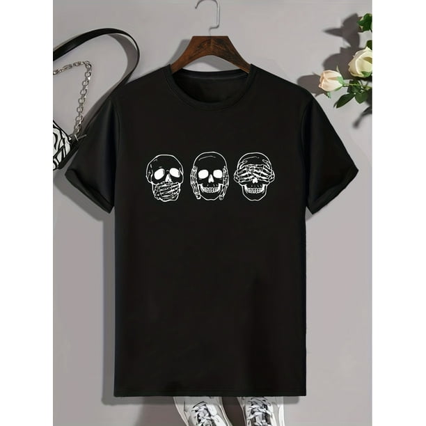 Camiseta de manga corta con cuello redondo y estampado de calavera para hombre, estilo gótico, informal, a la moda, pijama para estar en casa o para el verano.