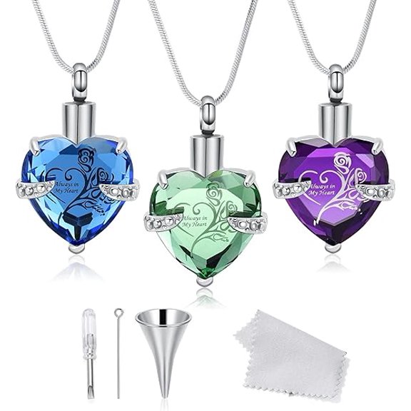 3 Pack Rose Flower & Heart Cremation Urn Necklace for Ashes for Women Men Stainless Steel Birthstone Crystal Cremation Jewelry Heart Memorial Keepsake Pendant