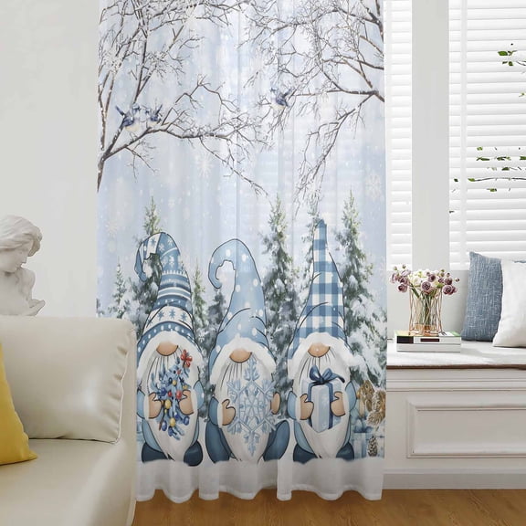 Blue Gnomes Christmas Semi Sheer Curtains Drapes for Living Room,Bedroom,French Doors Window 45 Inches Long,Xmas Tree Branches Snowflake Gifts Rod Pocket Chiffon Curtain Voile Drapery Panel