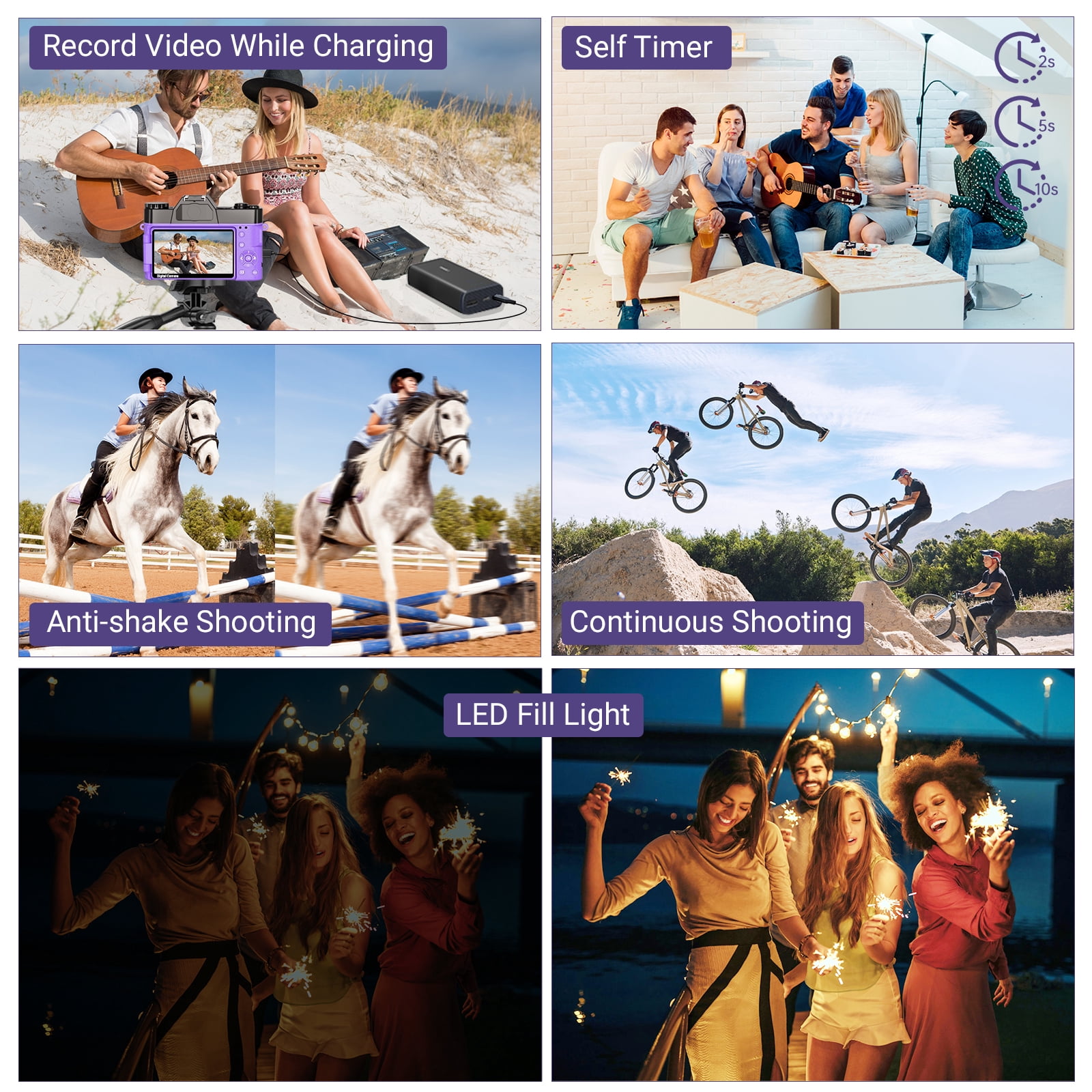 Saneen Digital Camera 6K 64MP Wifi Vlogging Cameras for YouTube 3''180° Flip Screen 16X Zoom 32GB SD Card 52mm Lens Purple