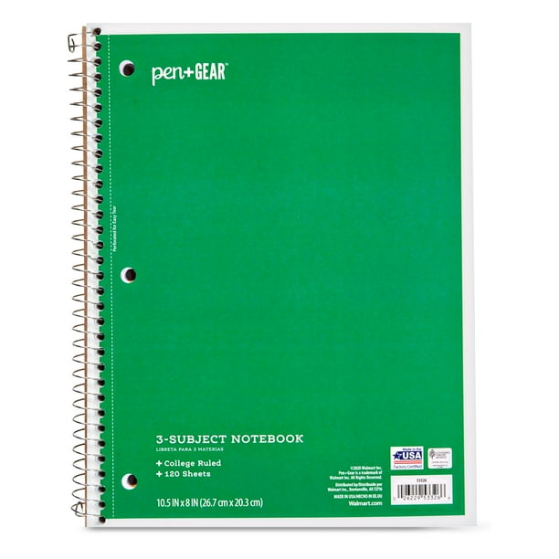 Pen+Gear College Ruled 3Subject Spiral Notebook, Green, 10.5" x 8