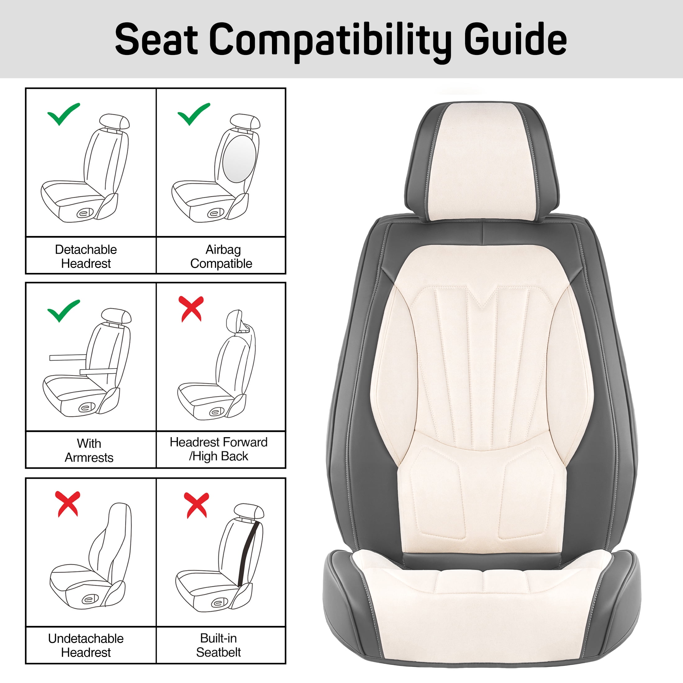 Caromop Universal Car Seat Covers Full Set,3D Foam Support in Velvet & PU Leather,Armrest Compatible for Cars, Trucks, SUVs (Beige/Gray)