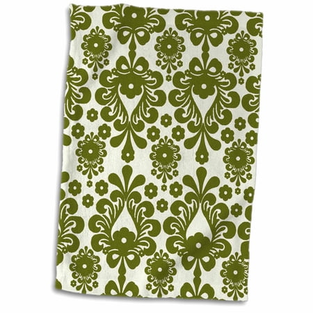 3dRose Olive Green Flourish Intricate Trendy Damask Pattern On White Background - Towel  15 by 22-inch