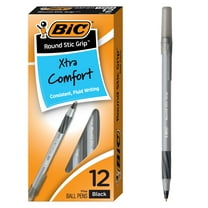 BIC Round Stic Grip Xtra Comfort Ballpoint Pen, Stick, Fine 0.8 mm, Black Ink, Gray/Black Barrel, Dozen