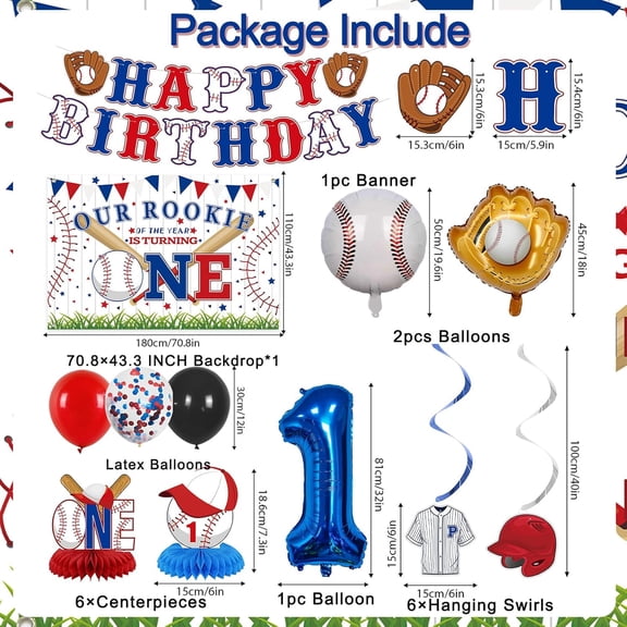 Baseball 1st Birthday Party Decorations, 33PCS Baseball Themed First Birthday Banner Balloons Hanging Swirls Centerpieces Cake Topper Kit, Rookie One Happy 1st Birthday Backdrop for Boys Girls