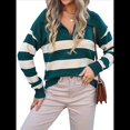thumbnail image 3 of Suéter de Rayas con Cuello en V para Mujer, Jersey de Punto Holgado de Larga, Tops de Otoño. Verde Oscuro L, 3 of 10