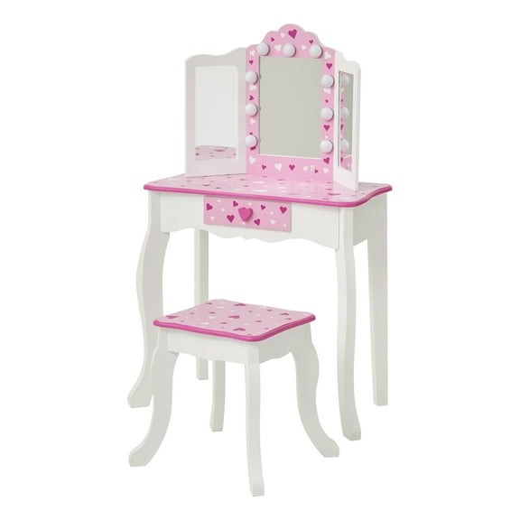 Fantasy Fields Kids Princess Vanity Set with LED Lights Mirror and Storage, Pink/White