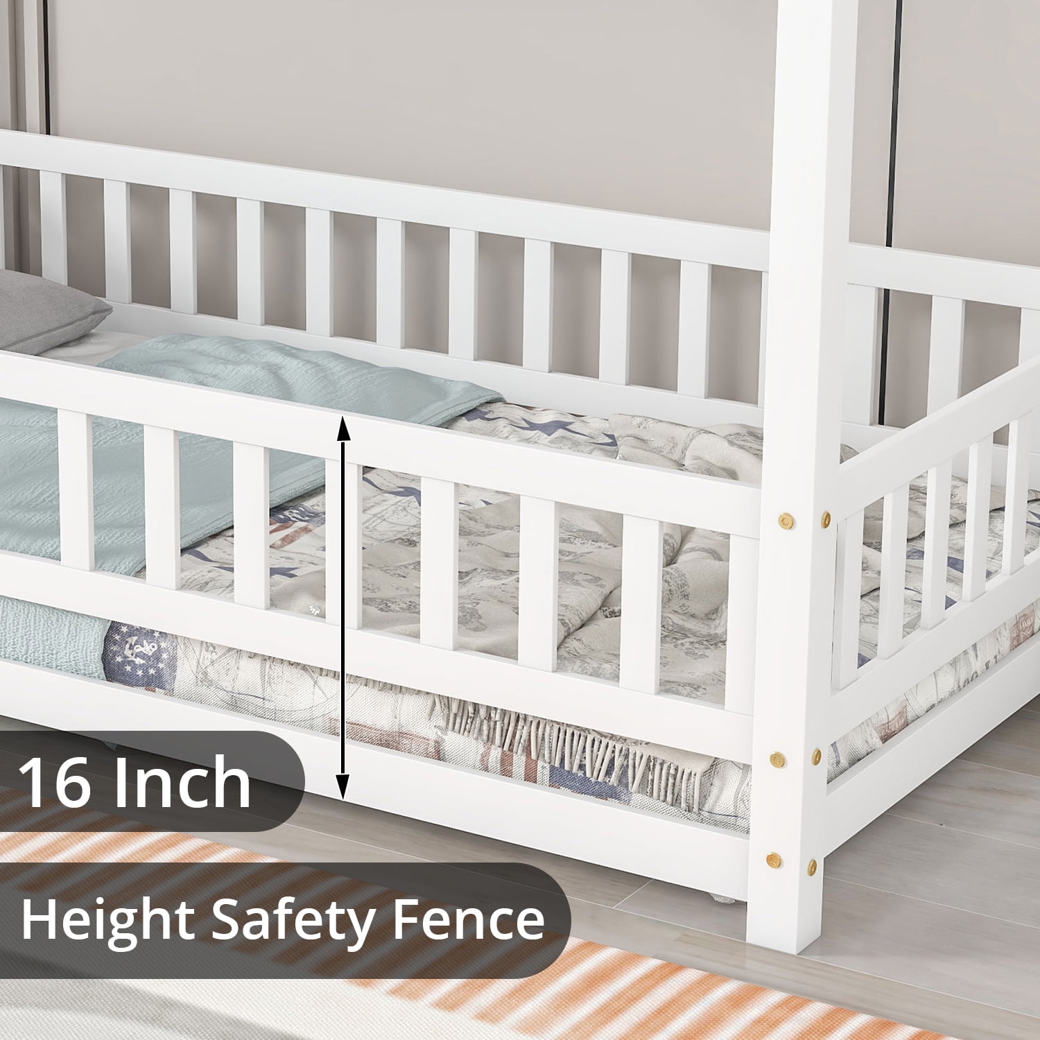 Full Size House Floor Bed with Roof, Wooden Floor Bed Frame with Door Frame and Safety Fence, Montessori House Floor Bed for Boys and Girls, White