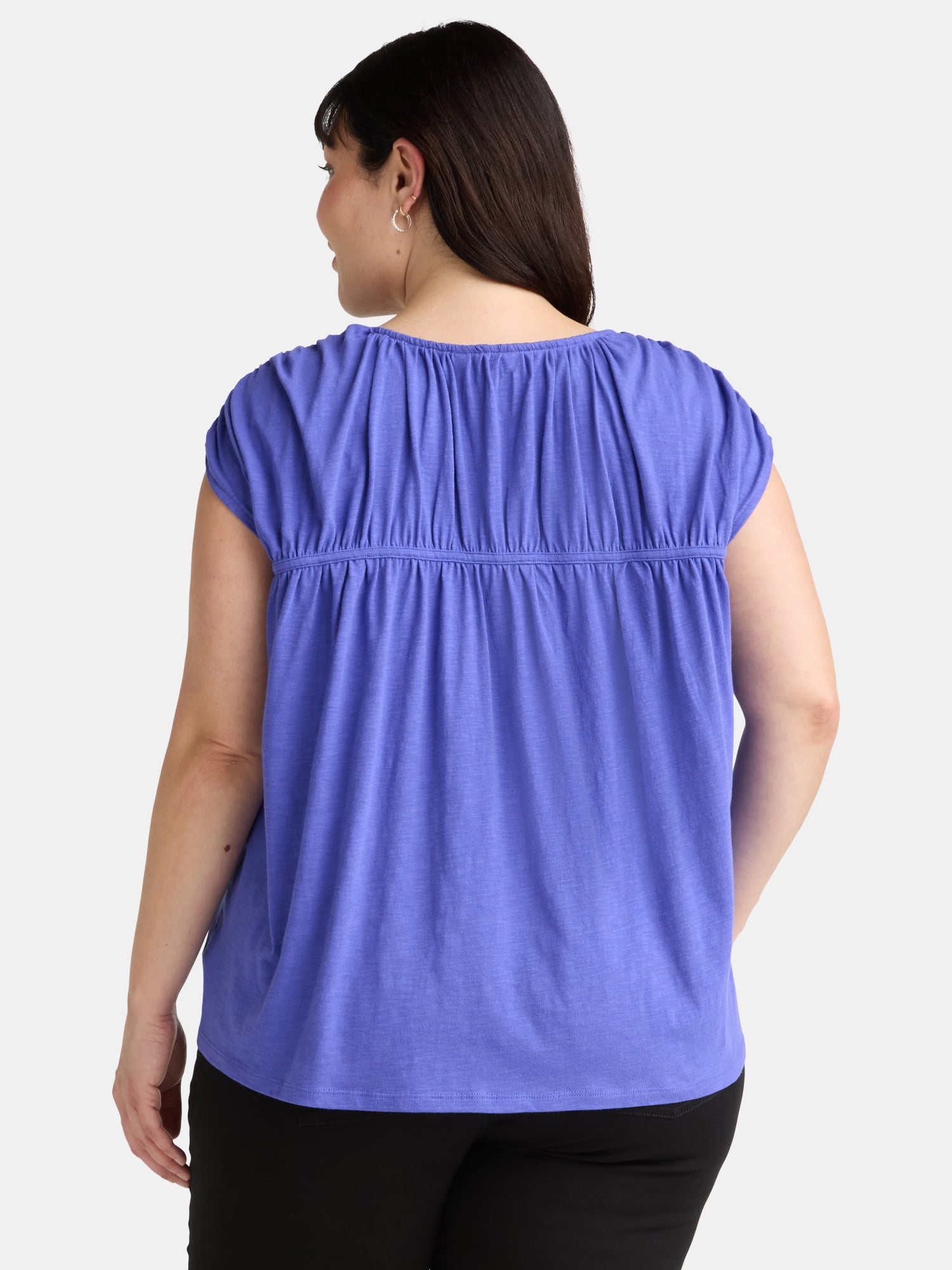 Terra & Sky Women's Plus Size Shirred Tie Top