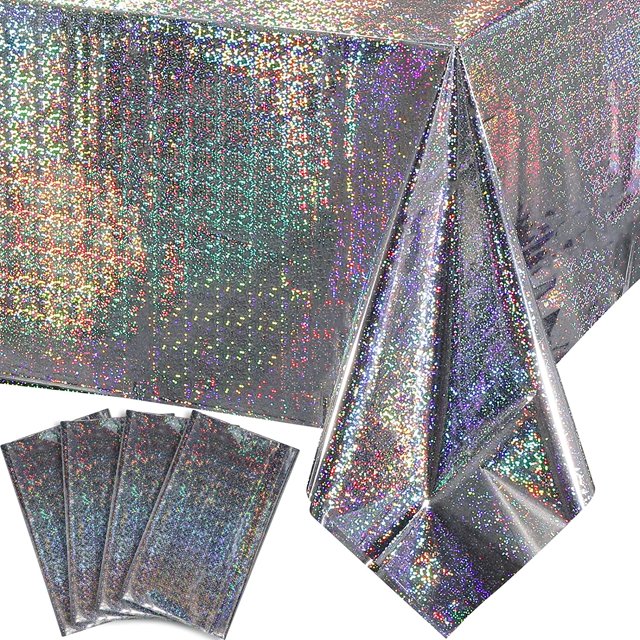 LAICAIW 4 Pack Iridescence Plastic Tablecloths Shiny Disposable Laser Rectangle Table Covers Holographic Foil Tablecloth Iridescent Party Decoration Birthday Bridal Wedding Christmas 54" x 108"(Silv