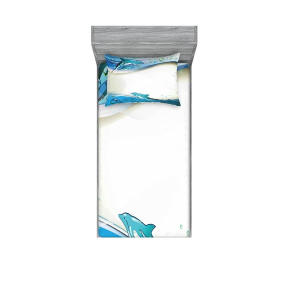 Ambesonne Ocean Fitted Sheet & Pillow Sham Set, Dolphins Sea Waves Drops, Twinxl, Beige Blue Aqua