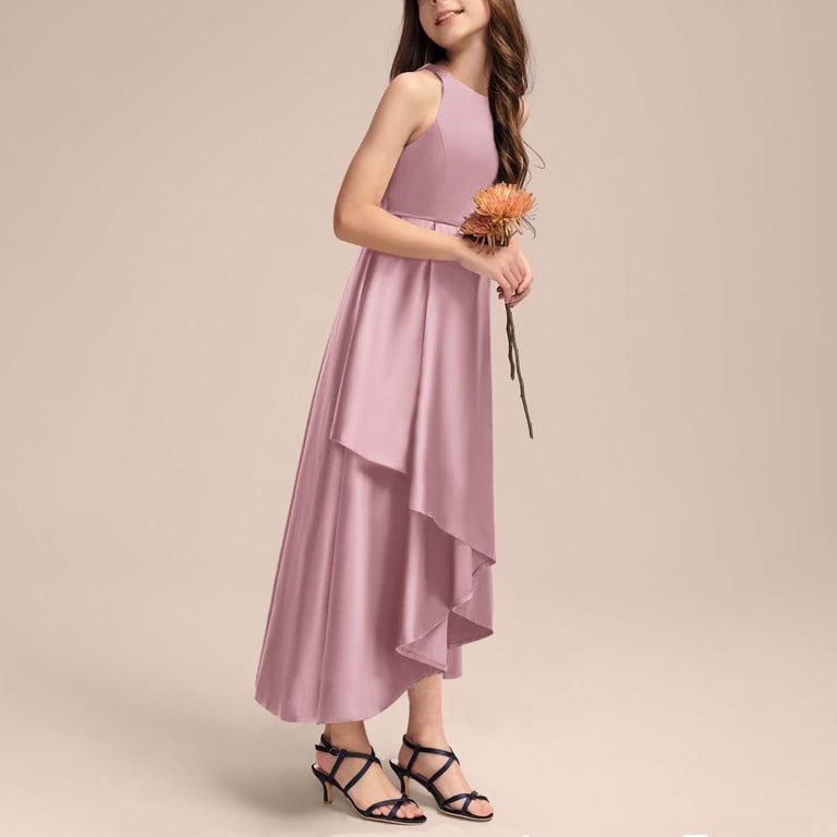 Prom Dresses for Teen Girls Size 4-14 Elegant Sleeveless High Waisted Crew Neck Solid Irregular Hem A-Line Graduation Party Maxi Dress
