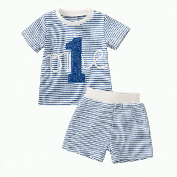 TOWED22 Toddler Boys Summer Outfits Embroidery Short Sleeve Shirt and Striped Shorts Sets 2Pcs Summer Clothes Set(Blue,12-18 Months)