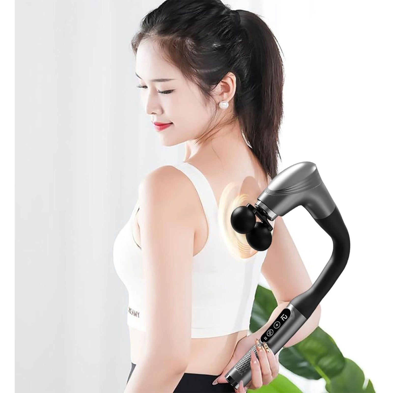 Long Handle Massage Gun for Back and Shoulders,Ergonomic Extended Reach Deep Tissue Massager,Infinitely Adjustable Speed & 5 Replaceable Heads,LCD Screen Display For Back Neck Shoulders Waist Legs