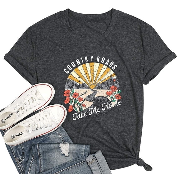 MOUSYA Country Roads Take Me Home Shirt Womens Country Music T-shirts Vintage Nashville Short Sleeve Tees Top