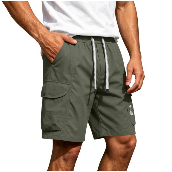 Riecok Men Cargo Shorts with Pockets Elastic Waist Drawstring Quick Dry Workout Shorts Solid Summer Hiking Clothes