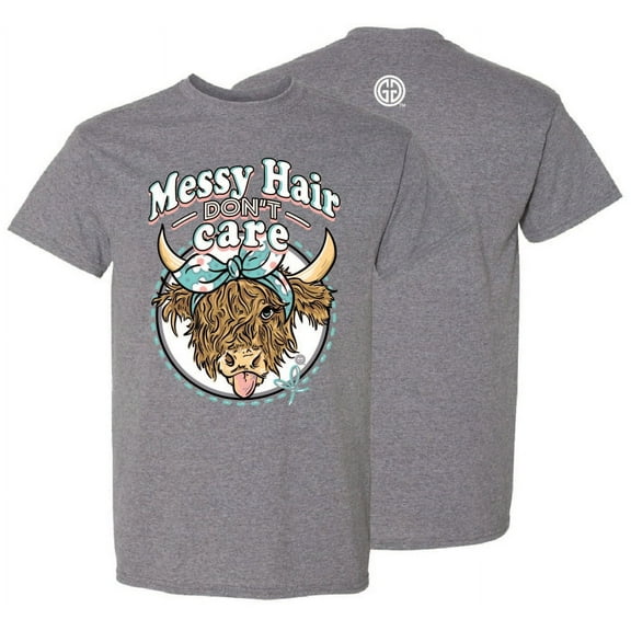 Girlie Girl Originals Messy Hair Don't Care Highland Cow Preppy Womens Short Sleeve T-Shirt Adult Navy - X-Large