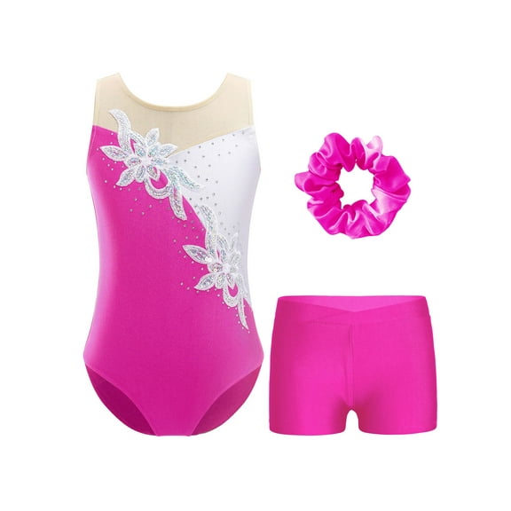 vastwit Leotards for Girls Gymnastics Bodysuit with Shorts Tracksuit Sparkle Flowers Ballet Dance Unitard Rose 16