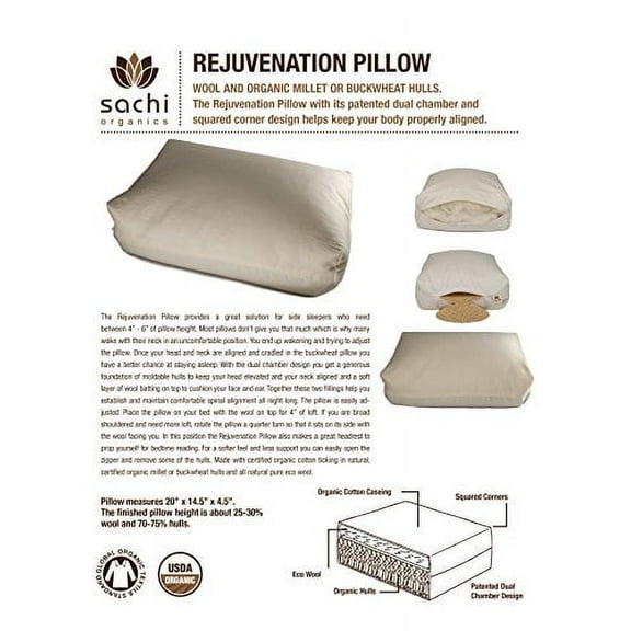 Rejuvenation Pillow with Organic Buckwheat Hulls and Natural Wool