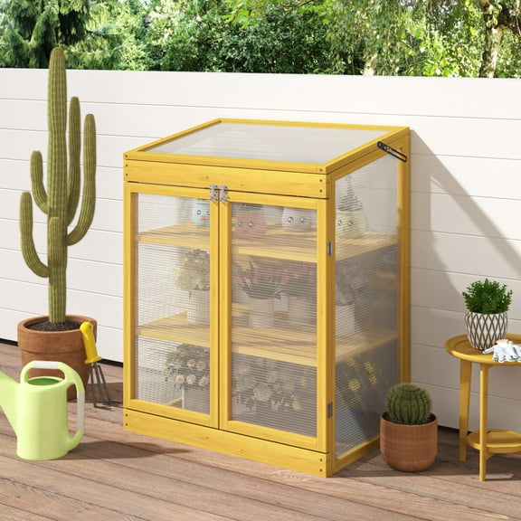 Mini Greenhouse Outdoor, Small Polycarbonate Garden Shed with Transparent Openable Roof, Wooden Cold Frame Greenhouse Raised Flower Planter Shelf for Indoor Outdoor Garden Yard, 29.53" x 20.1" x 37.8"