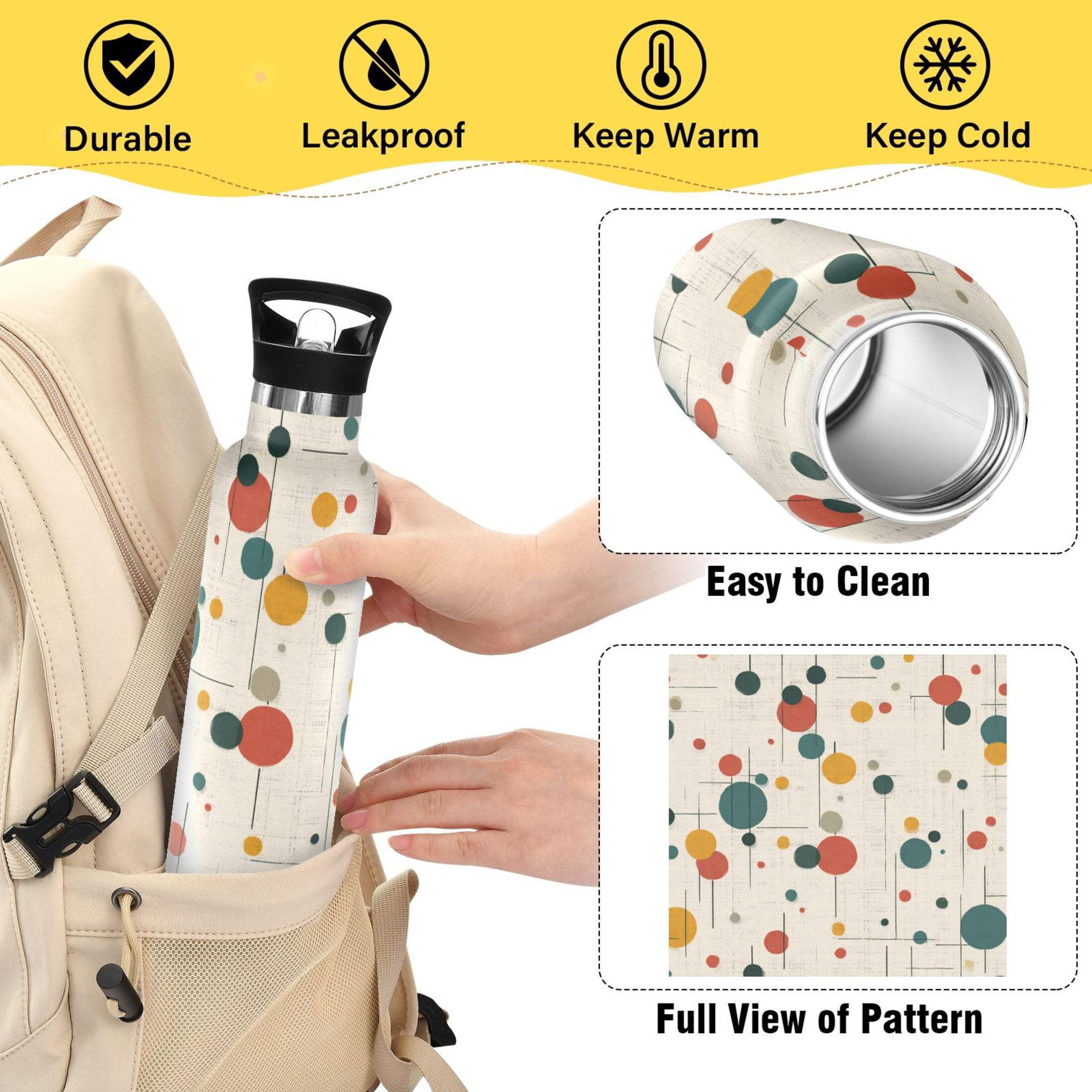 Kids Insulated Stainless Steel Sports Water Bottle 600ml (20oz) Colorful Dots and Lines