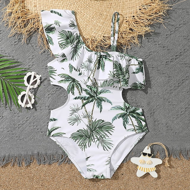 Girls Swimsuits 1 Piece Bathing Suits Sleeveless Ruffle Floral Pattern Kids Bathing Suits Girls 13-14 Years
