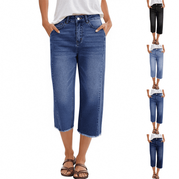 Trendy Jeans for Women Capri High Waisted Straight Leg Stretchy Side Seam Cropped Denim with Pockets Royal Blue S