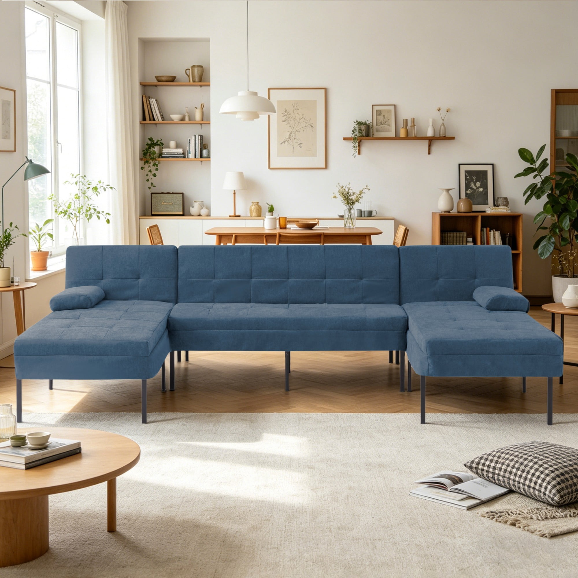 Gewnee 107.09"U-Shape Sectional Sofa,Chenille Couch,4 Seats Lounge Sleeper with Double Chaise for Living Room,Dark Blue