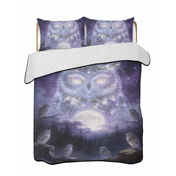 Quilts Full Size Bedding Set, Aesthetic Owls Lightweight Quilted Comforter, Black Forest Moon Night Purple Soft Reversible Bedspread Coverlet with Pillow Covers for All Season, 78" x 90"