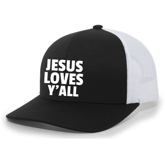 Jesus Loves Y'all Christian Mens Hat Embroidered Mesh Back Trucker Baseball Cap, Black/White