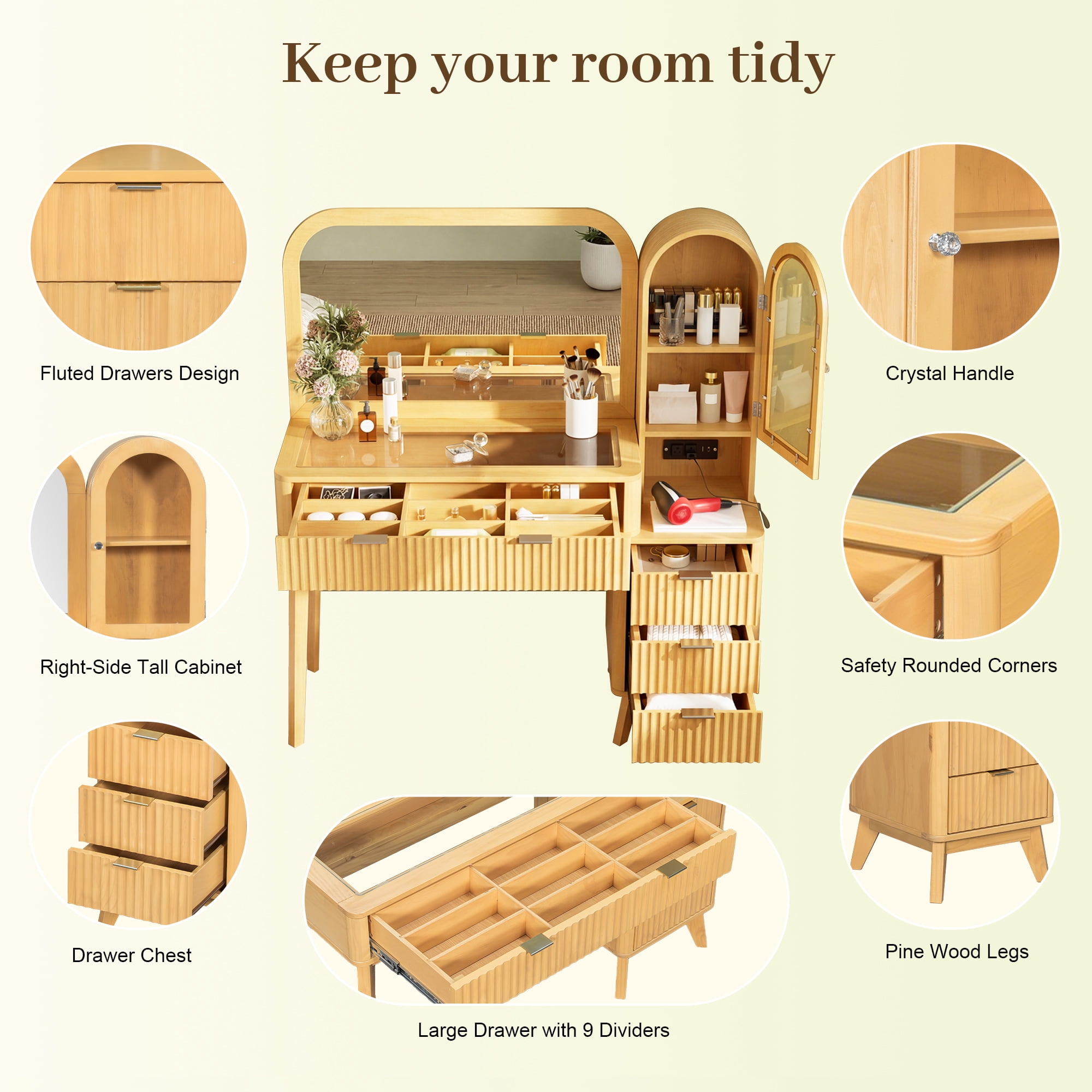 Large 48-Inch Fluted Makeup Vanity Desk with 32-Inch Mirror, Glass Top Table with 4 Drawers and Storage Cabinet, Charging Station for Bedroom, Natural
