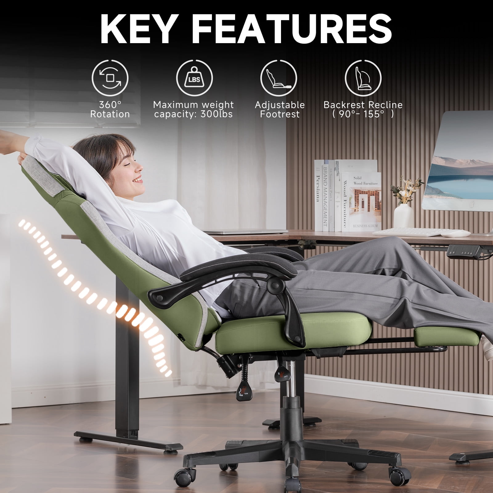 GTPLAYER Gaming Chair, Fabric Ergonomic Office Chair with Footrest and Lumbar Suppor for Adult, Green