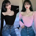thumbnail image 2 of Mode Femmes Solide Col Carré Sexy Slim Sweat à Manches Longues Tops, 2 of 6