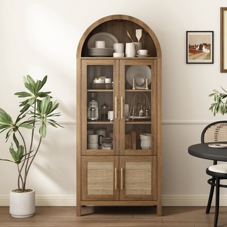 70'' Tall Arched Bookshelf with Glass Door, Modern Wood Bookcase Cabinet with 5 Tier Display Shelf for Living Room, Natural