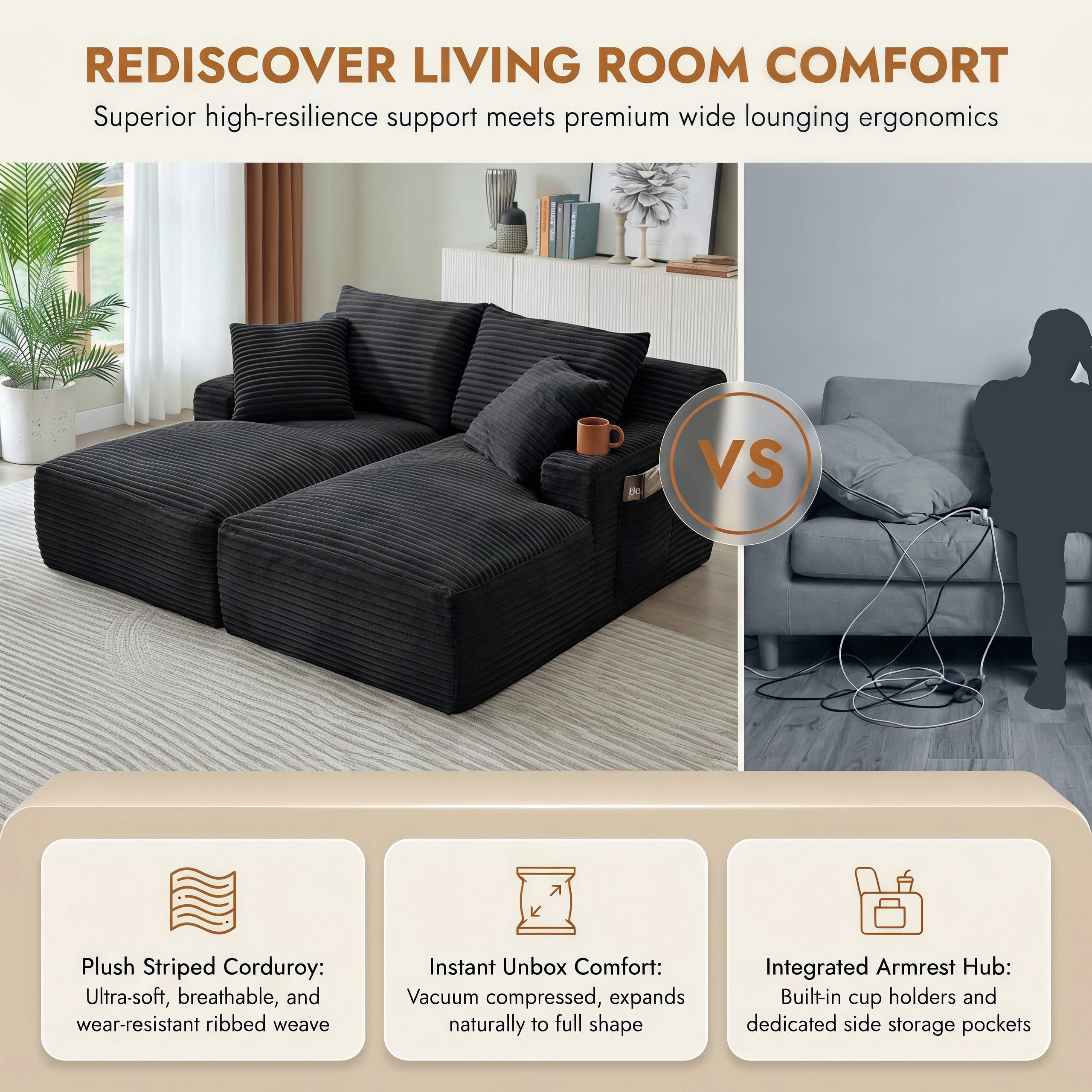 Modular Double Chaise Lounge Chair Indoor, 71" Wide Striped Corduroy Couch Set with Cup Holders & Storage Pockets for Living Room Home Theater, Black