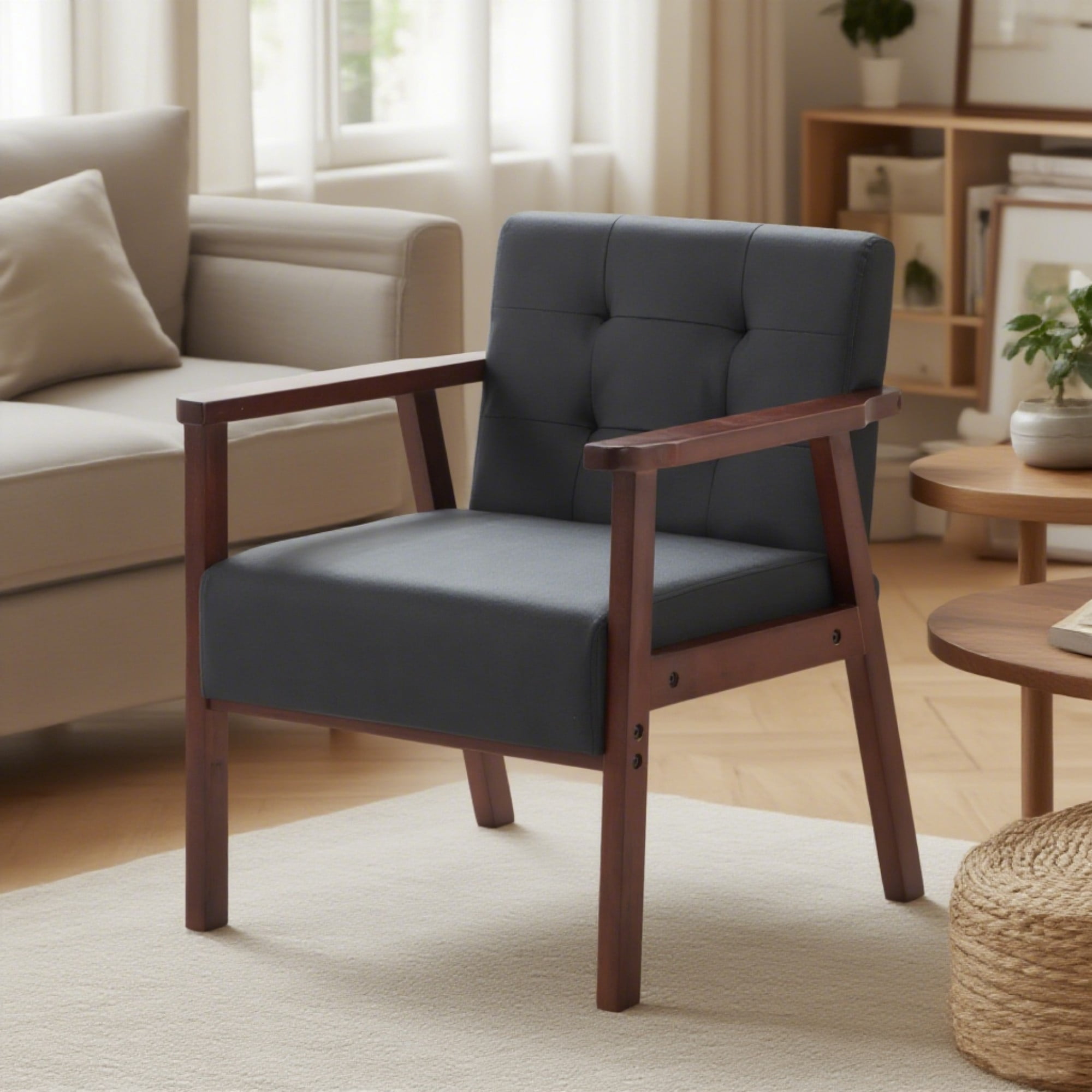 Gewnee Black PU Wood Frame Accent Armchair, Sturdy Cedar Legs, High-Density Foam Seat, Non-Slip Pads, Easy Assembly, for Living Room Bedroom Office