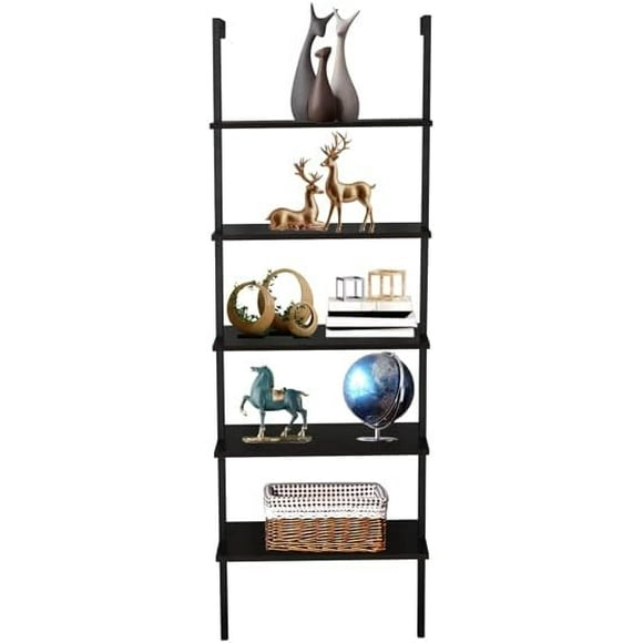 5-Shelf Wood Ladder Bookcase with Metal Frame, Industrial 5-Tier Modern Ladder Shelf Wood Shelves,Dark Walnut