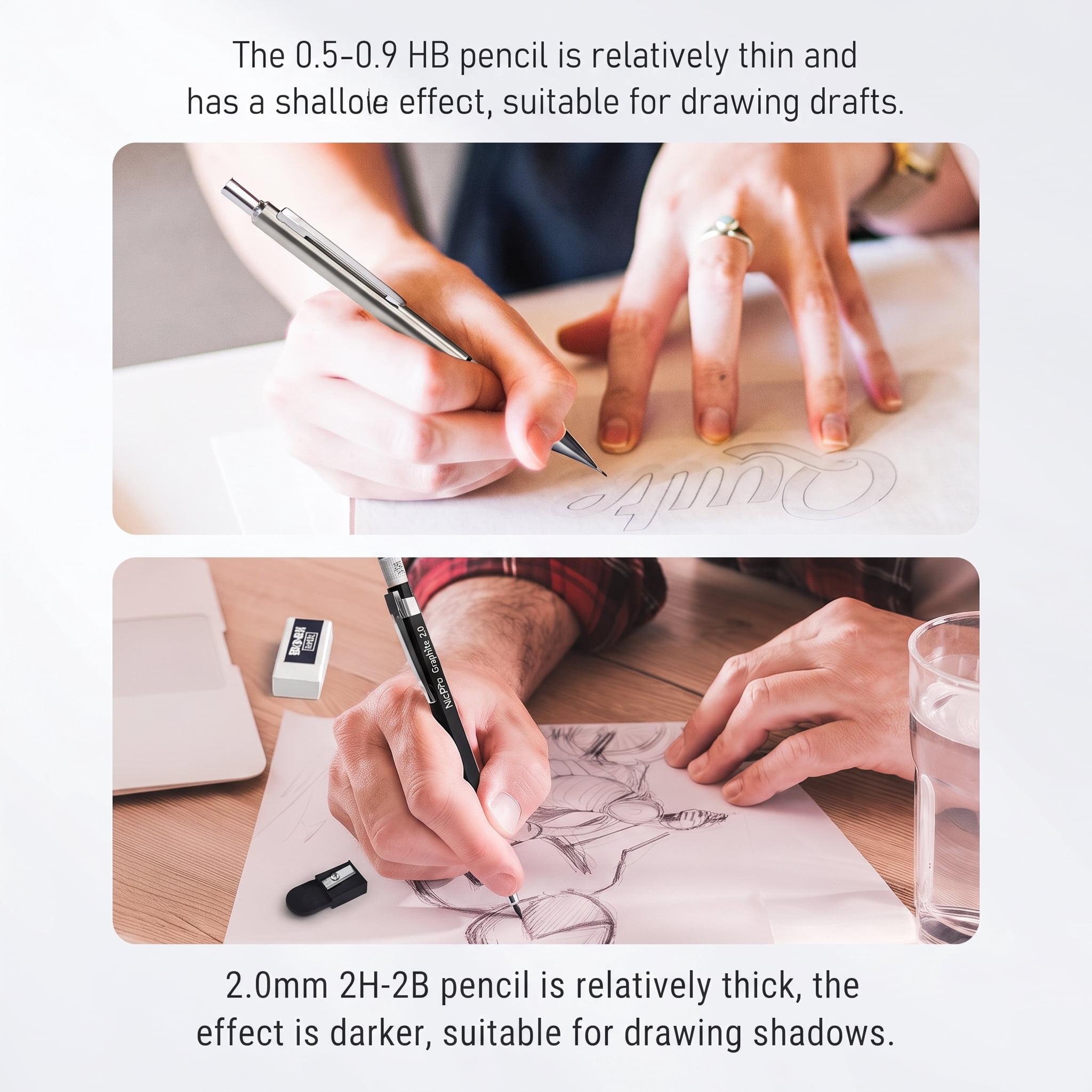 Nicpro 6PCS Art Mechanical Pencil Set, 3PCS Metal Drafting Pencil 0.5 mm & 0.7 mm & 0.9 mm & 3PCS 2mm Graphite Lead Holder (2B HB 2H) with Lead Refills Case