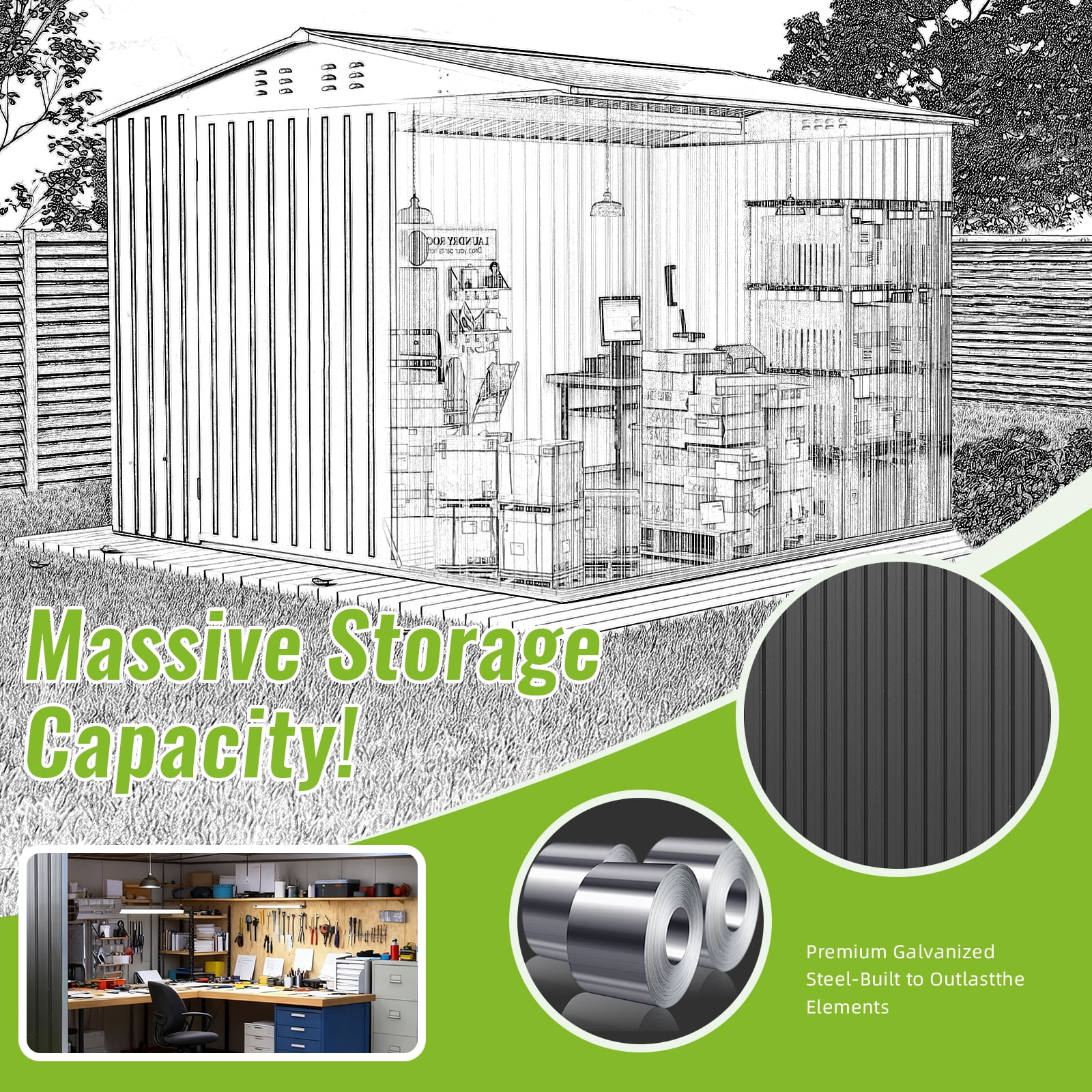 PABIMIA 8 x 8 ft Metal Outdoor Storage Shed with Lockable Double Doors, Sloped Roof and Air Vents, Black