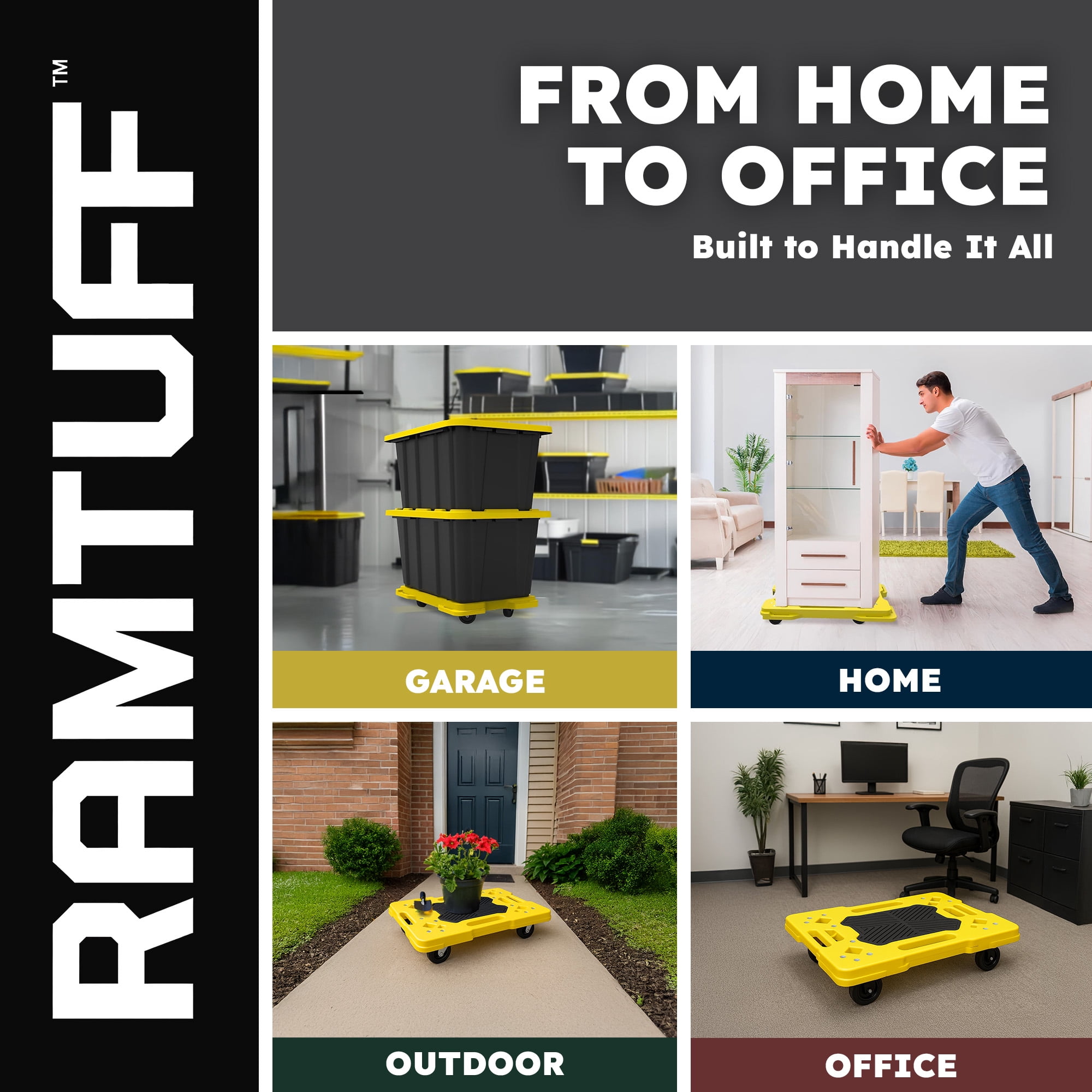 Ramtuff Connectable Moving Dolly, Sturdy Plastic Cart with Swivel Casters, Yellow, 4 Pack
