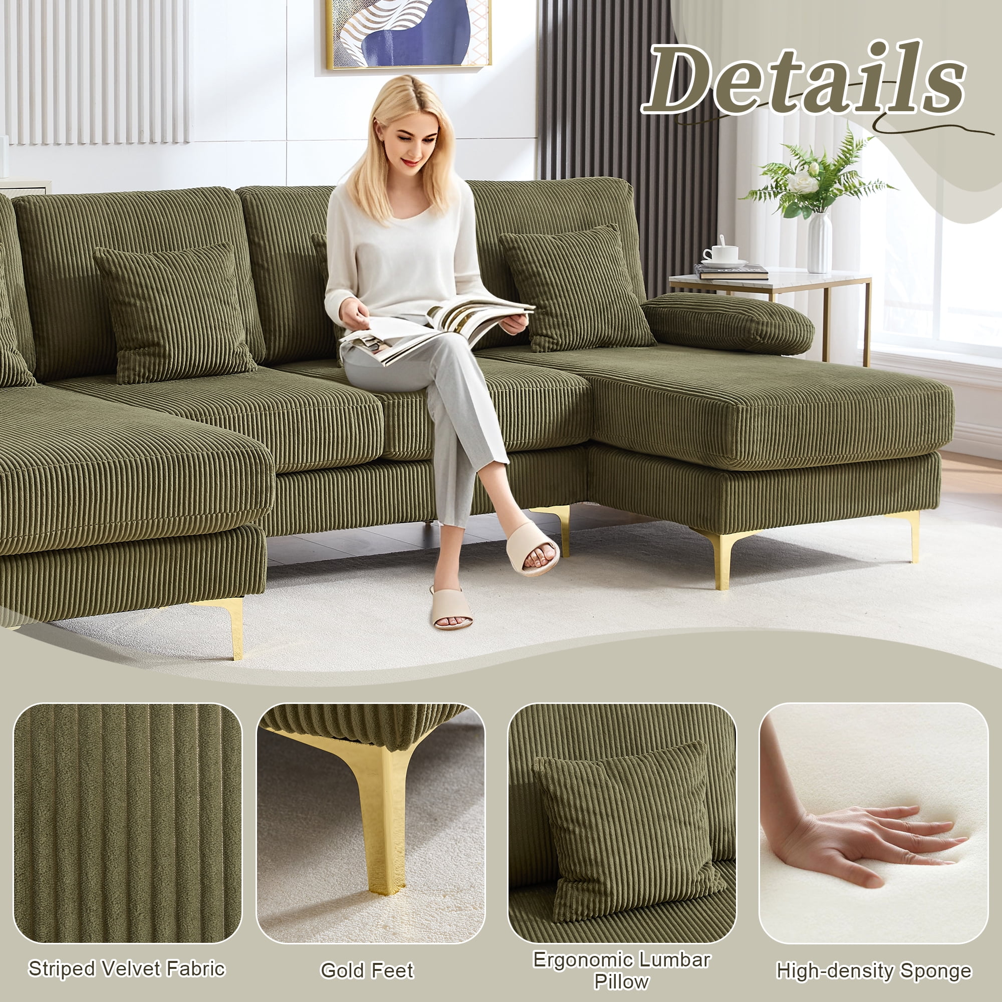 Homefun U-Shaped Corduroy Sectional Sofa 4-Seat with 2 Chaise Large Couches with USB Intelligent Lighting