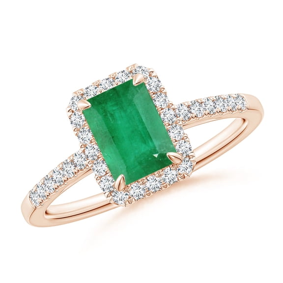 ANGARA Natural 1 Ct Emerald-Cut Emerald Ring with Diamond Halo in 14K Rose Gold for Women (Size-7x5mm) | May Birthstone, Birthday, Anniversary, Jewelry Gift for Women | Natural Emerald Ring