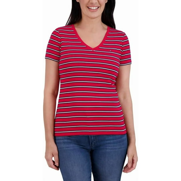 Tommy Hilfiger Womens Short Sleeve V-Neck T-Shirt Tee (Red Stripe, Medium)