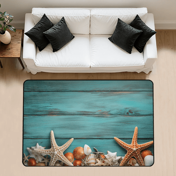 CURLYOOT Seashell Starfish Area Rug 3x5 Ft Rugs for Entryway Entrance Kitchen, Washable Non Slip Rustic Wooden Indoor Floor Carpet for Bedroom Living Room