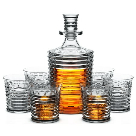 24% Lead Crystal Glass - Miko Crystal Decanter Set With 6 Double Old Fashioned Glasses - Lead Free Crystal (Fort Williams)