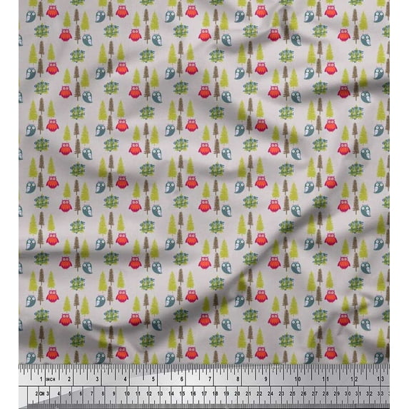 Soimoi Cotton Voile Fabric Text,Tree & Owl Cartoon Printed Fabric 1 Yard 42 Inch Wide