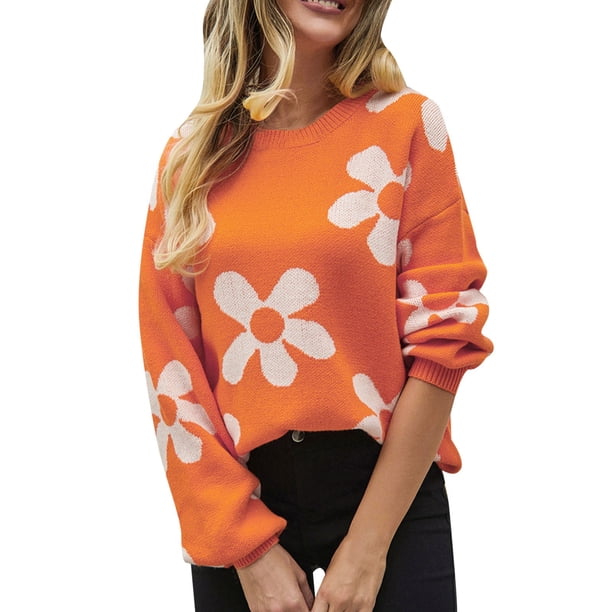 Gibobby Suéteres para mujer, Suéter corto de punto con cuello redondo para mujer(Naranja,CH)